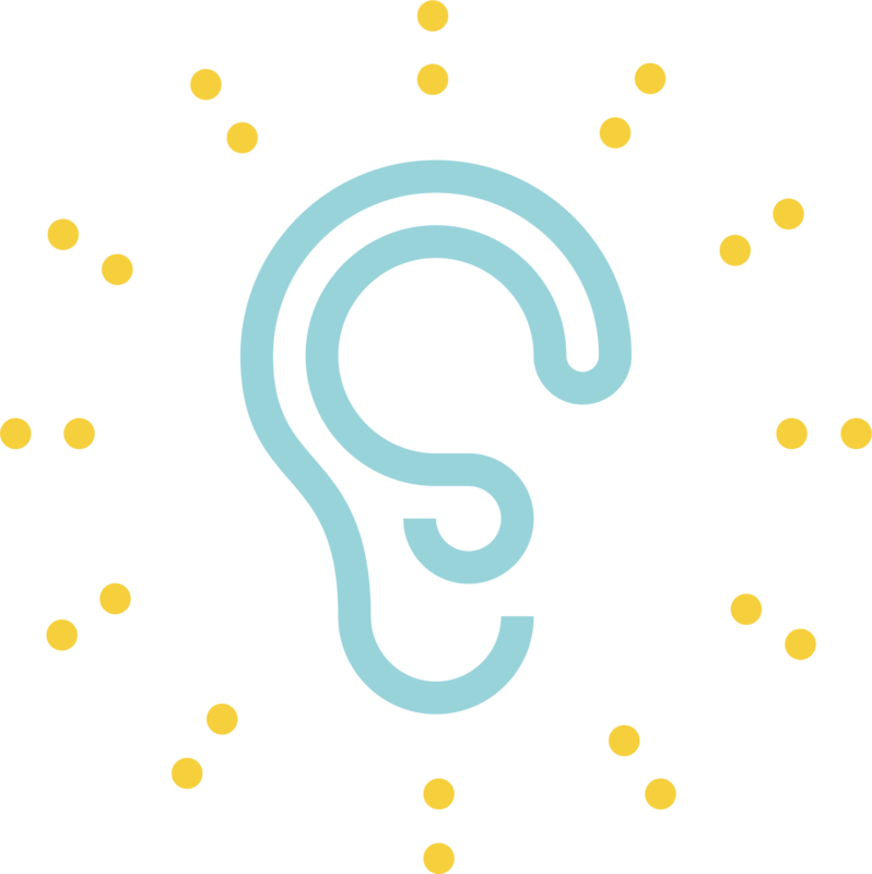 Icon depicting the outline of an ear with yellow dots radiating from the center